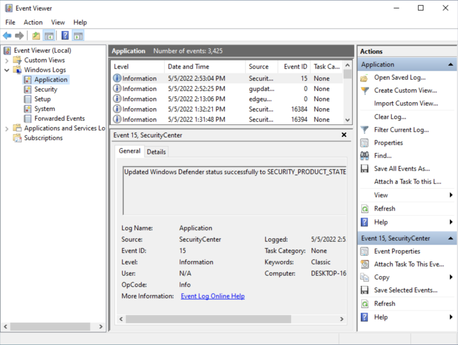 Windows Logs Application view