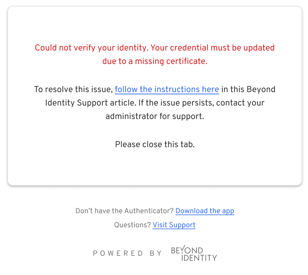 Error message indicating identity verification failure and instructions for resolution.