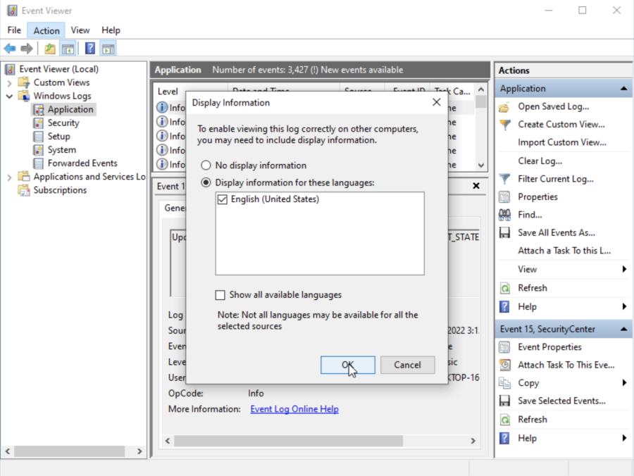 How to export windows event logs from event viewer beyond identity
